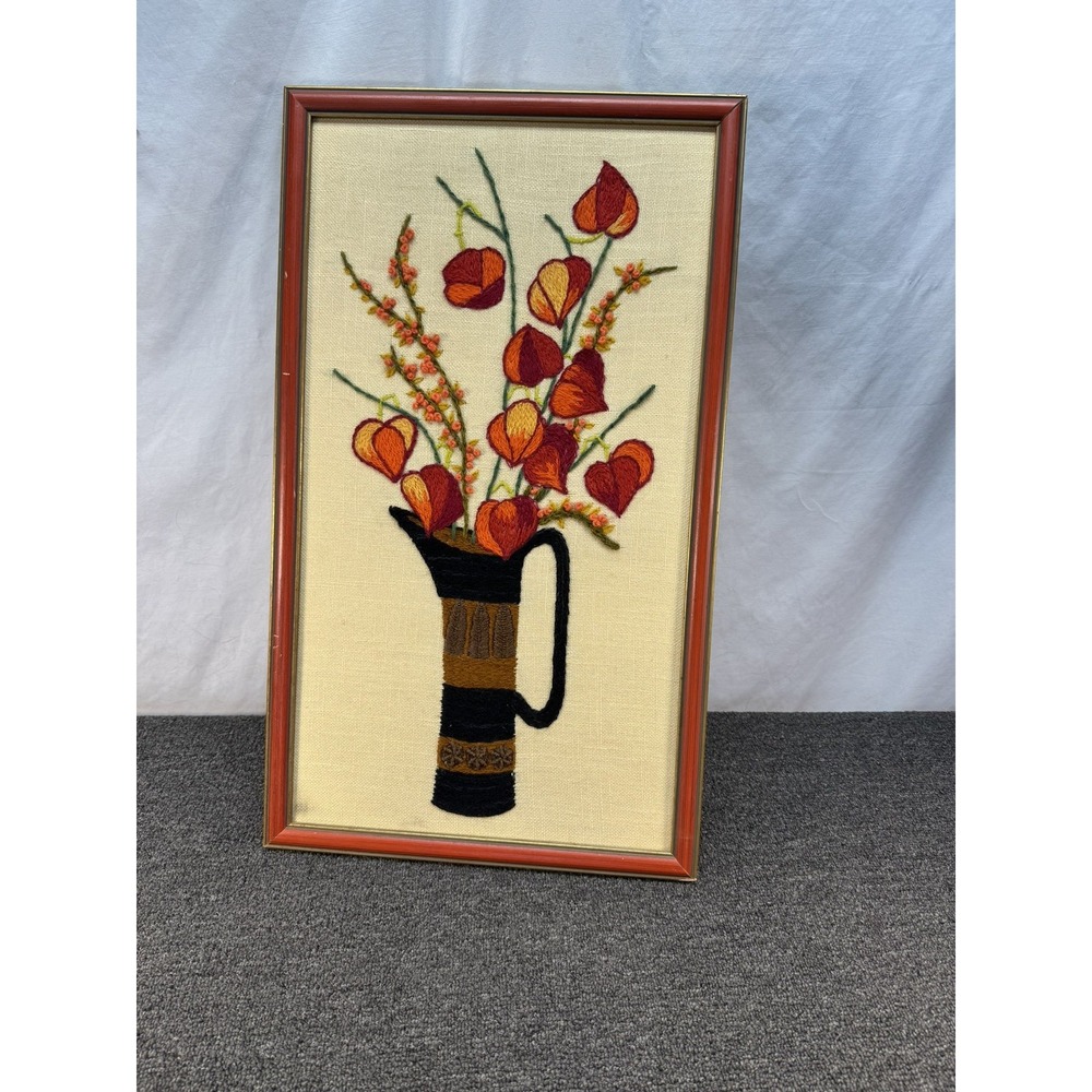 Vintage Paragon BITTERSWEET Crewel MCM Finished Framed Needlecraft 0935